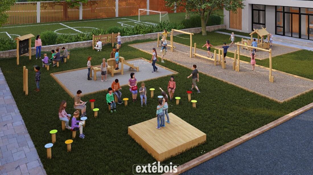 Cour Oasis aménagée avec jeux en bois et végétation