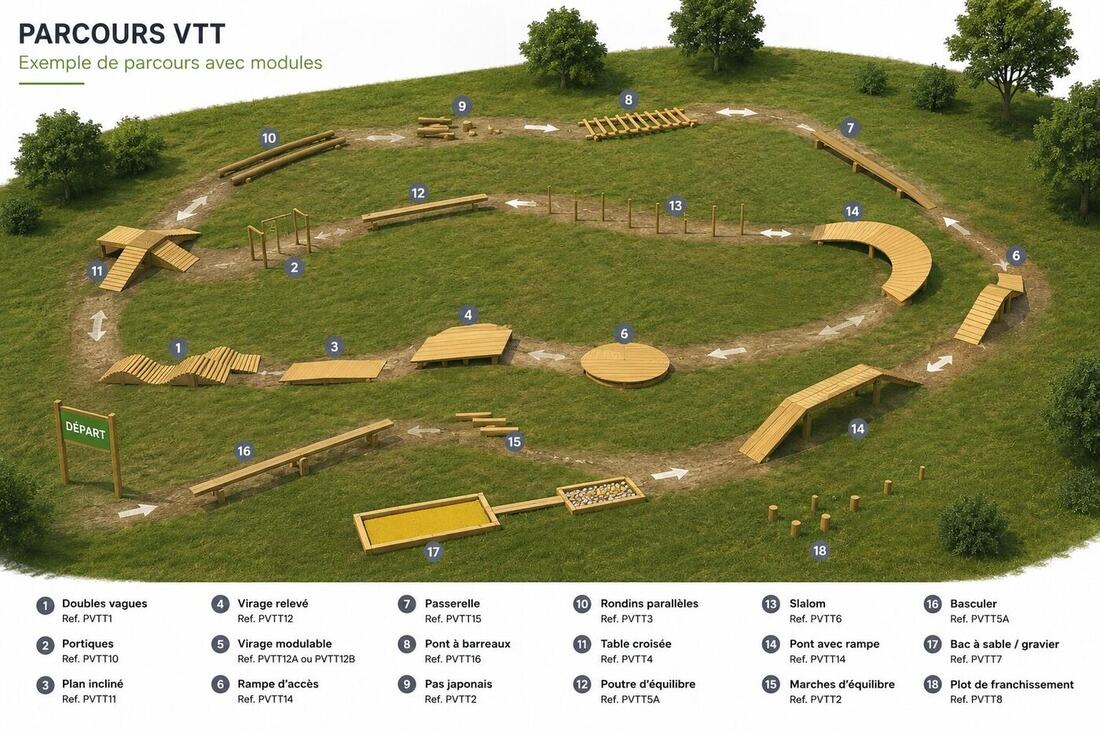 Plan d'un parcours VTT avec ses modules Extébois