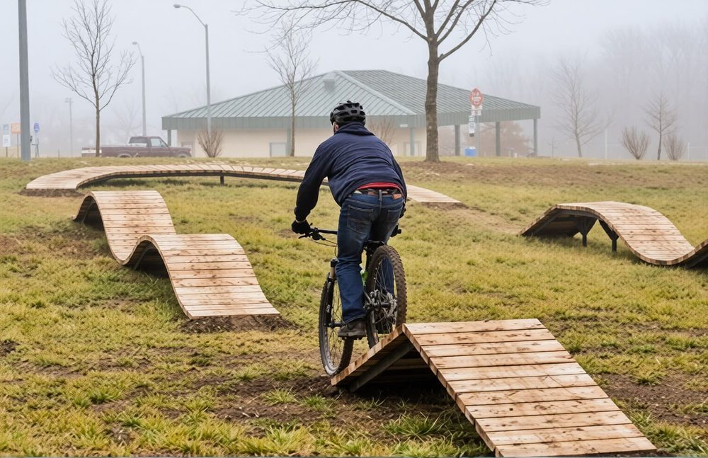 Rider sur module de parcours VTT en bois
